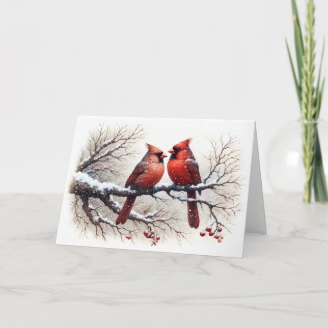 Kardinalerna i Snö vid Träd Gren Red Berries Kort (Framsida)