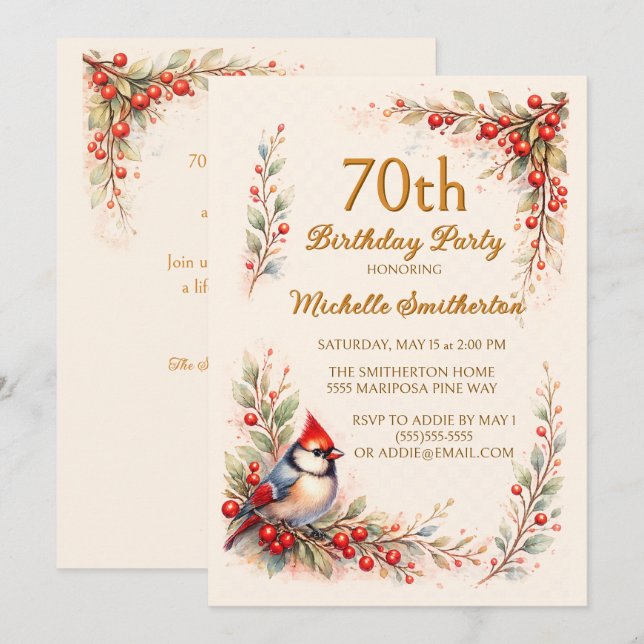 Kardinalfågel Akvarell Blommig 70-årsdag Inbjudningar (Fram/baksida)