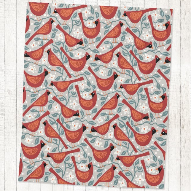 Kardinalfågel Amerikansk Kornell Blocktryck Fleecefilt (Cardinal bird American dogwood branch flower arts and crafts style block print fleece blanket)