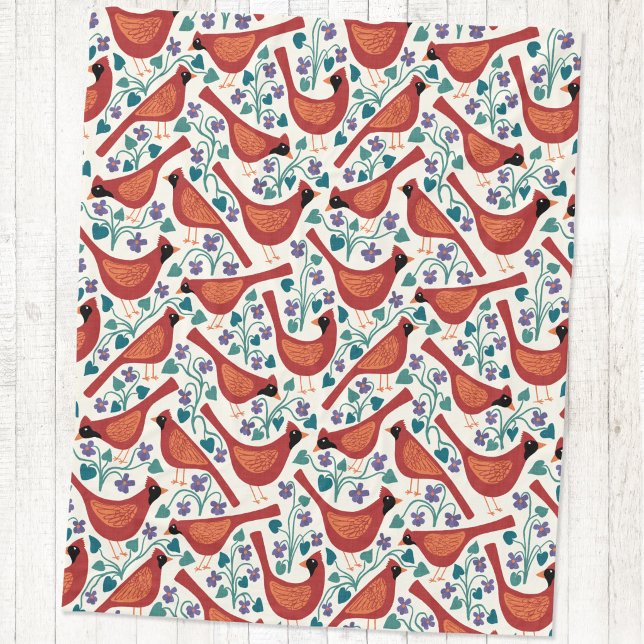 Kardinalfågel Blå Violett Blomma Blocktryck Fleecefilt (Cardinal bird blue wood violet flower arts and crafts style block print fleece blanket)