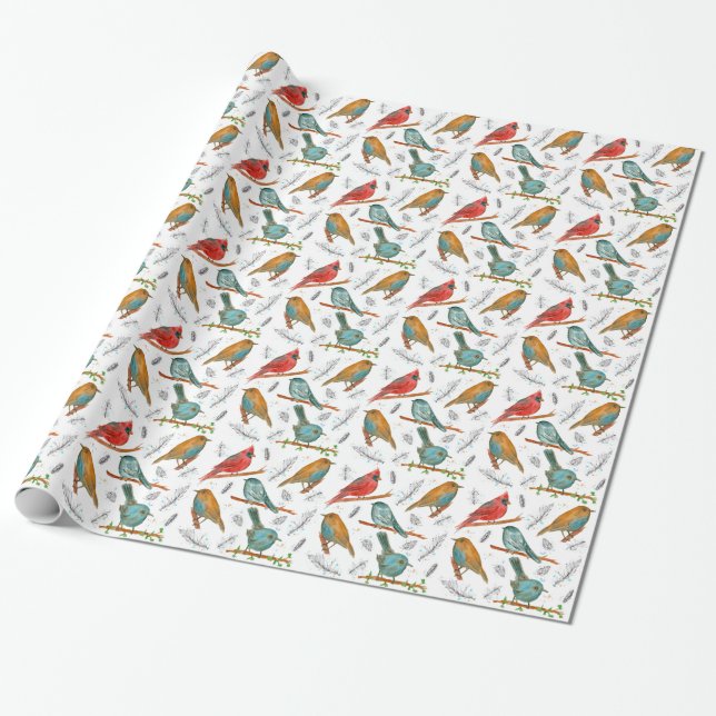 Kardinalfågel Blåfåglar Chickadee Gnatcatcher Presentpapper (Utrullad)