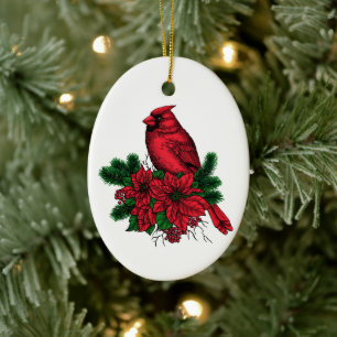 Kardinalfågel, julillustration julgransprydnad keramik