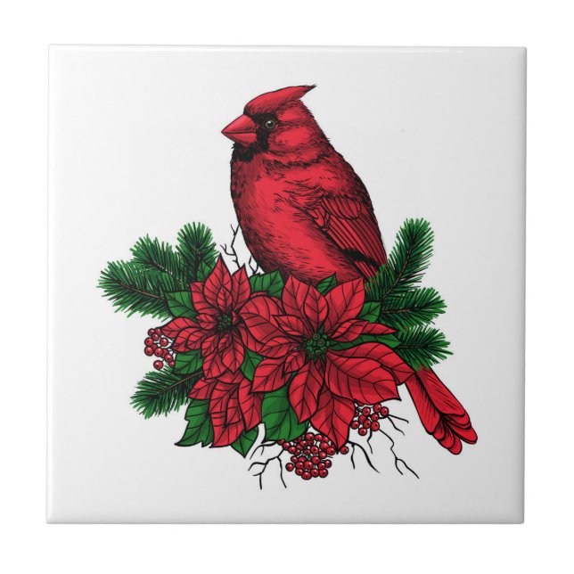 Kardinalfågel, julillustration kakelplatta (Framsidan)