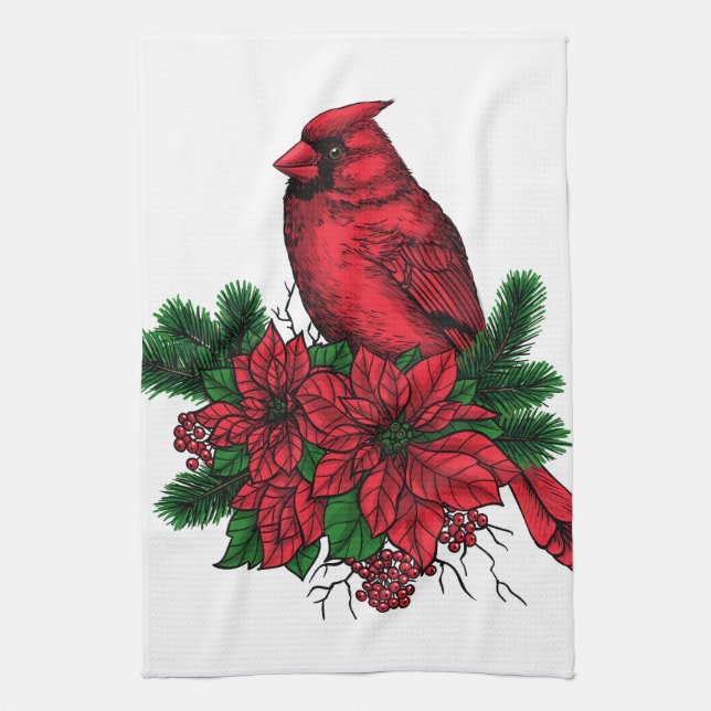 Kardinalfågel, julillustration kökshandduk (Vertikal)