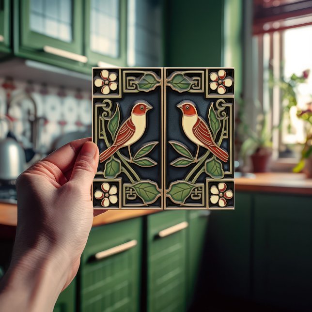 Kardinalfågelblommor Art Deco Nouveau Wall Decor Kakelplatta (Skapare uppladdad)