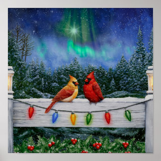 Kardinalfåglar och julbelysning poster
