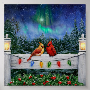 Kardinalfåglar och Ljus vid jul Poster