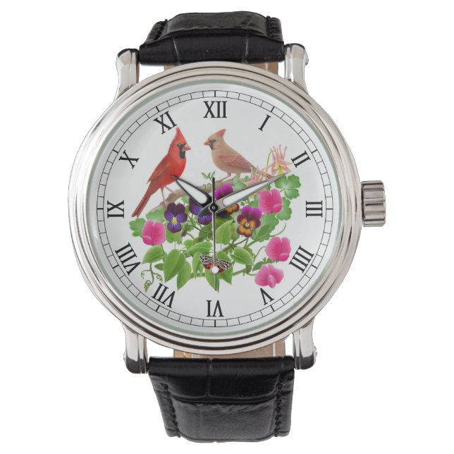 Kardinalfåglar på Garden Flowers Watch Armbandsur (Framsida)