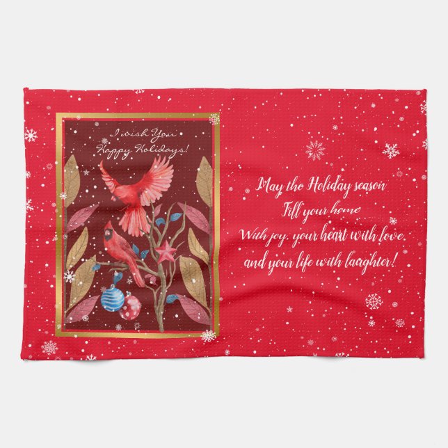 Kardinalfåglar på Julgran Anpassa Kökshandduk (Horisontell)