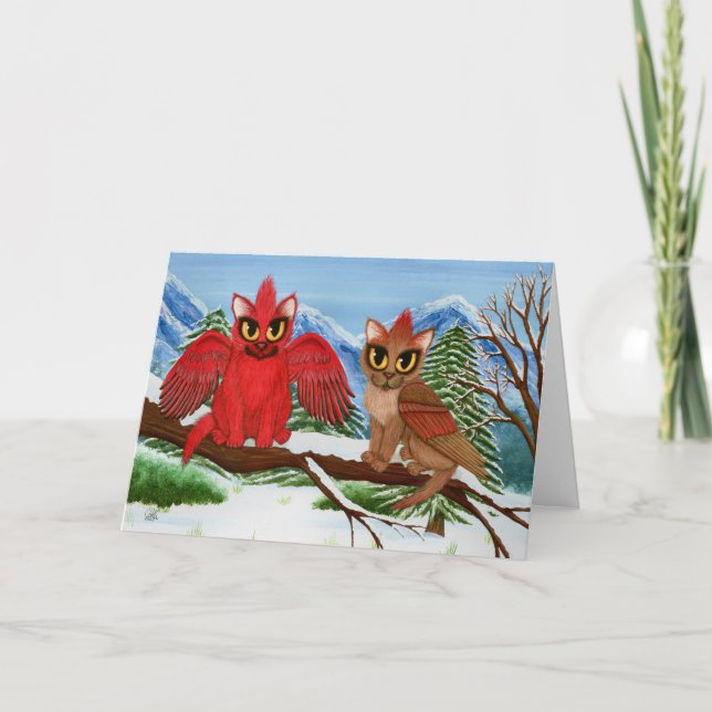 Kardinalkatternas vinterfågel Fantasy Cat Art Card Helgkort (Framsida)