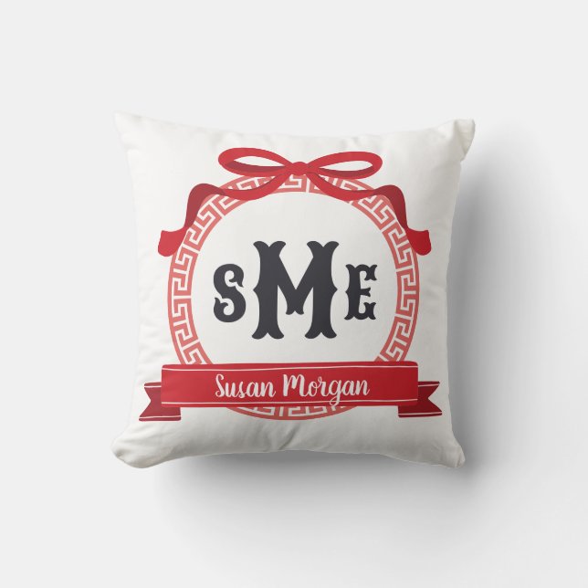 Kardinalröd Grekisk Nyckel Båge Monogram Kudde (Framsida)