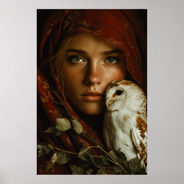 Kardinalröd halsduk Snöig uggla Porträtt Mysterium Poster (Framsidan)