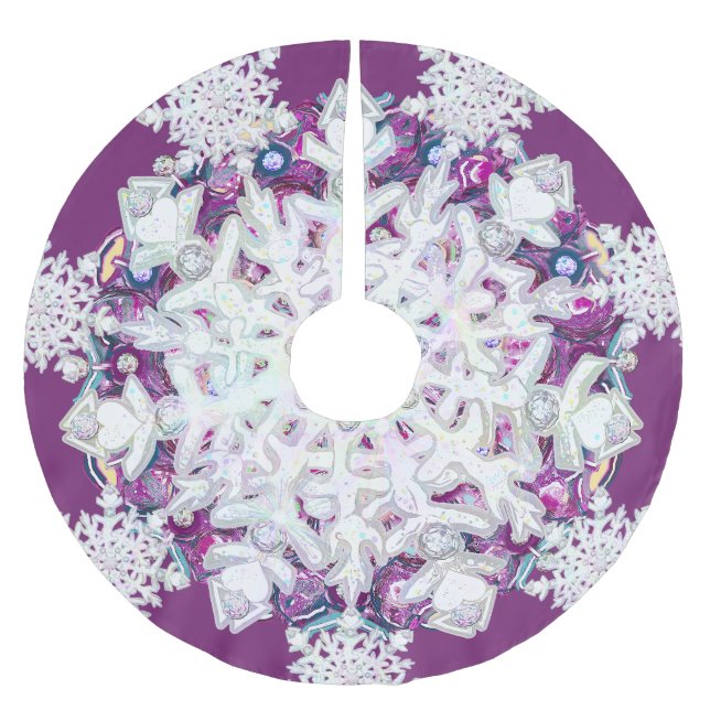 Kardinalröd rosace och snöflake julgransmatta borstad polyester (Framsidan)