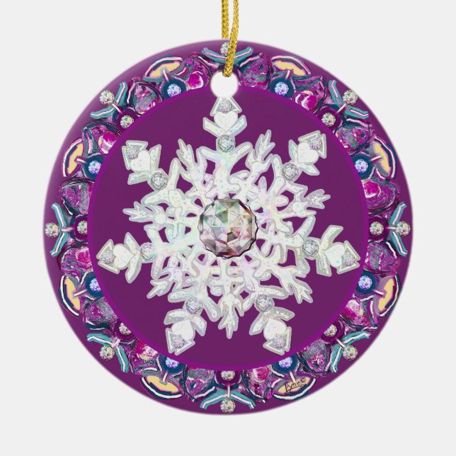 Kardinalröd rosace och snöflake julgransprydnad keramik (Framsidan)