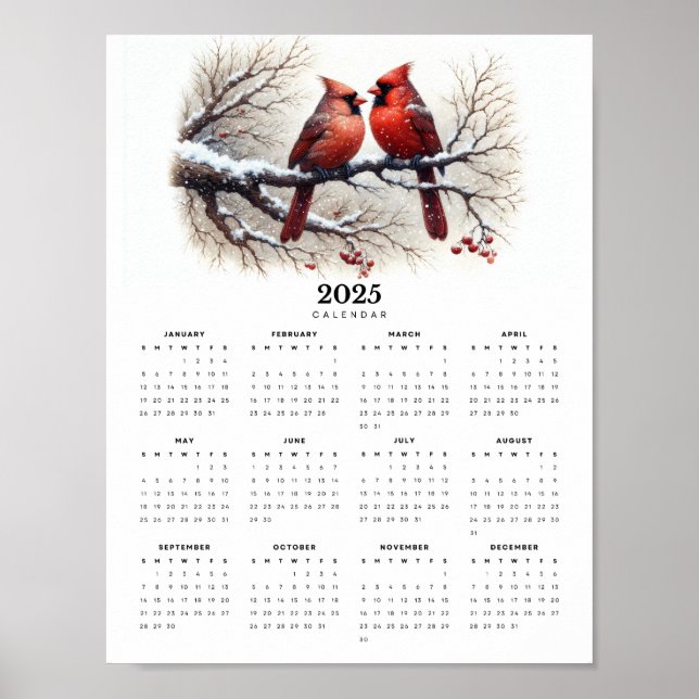 Kardinals Sitta om Snowy Gren 2025 Calendar Poster (Framsidan)