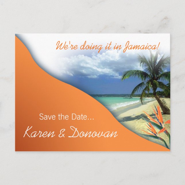 Karen's Anpassningsbar Jamaica Save Date (papaya) Meddelande Vykort (Framsida)
