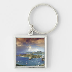 Karibien, Antigua. Fyrkantig Silverfärgad Nyckelring