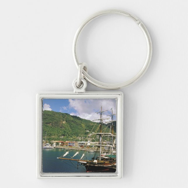 Karibien, St. Lucia, Soufriere. Båtar i Fyrkantig Silverfärgad Nyckelring (Framsidan)