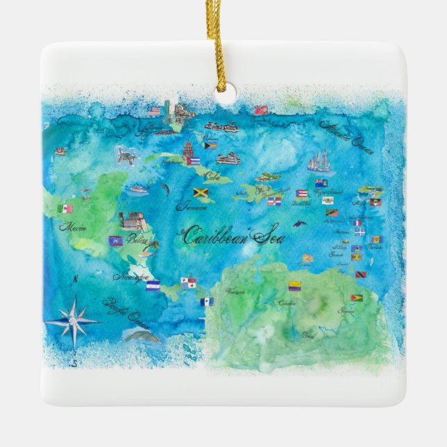 Karibisk kryssning reser affischkartan västra julgransprydnad keramik (Framsida)