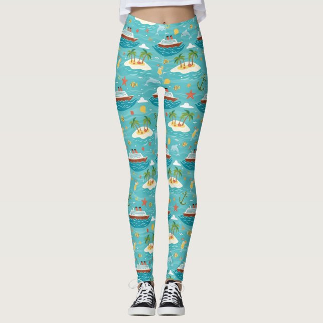 Karibisk kryssning Tropisk ö fartygsdesign Leggings (Framsida)