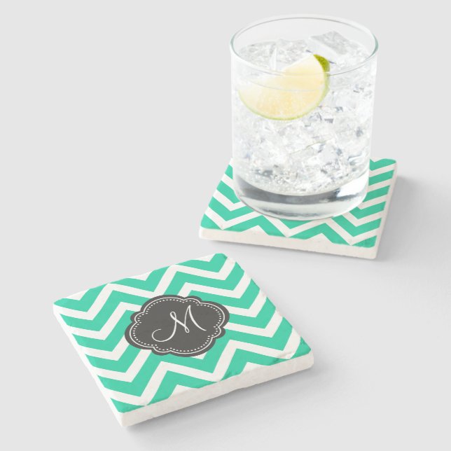 Karibiska Grönten Chevron Mönster med Monogram Underlägg Sten (Sidan)