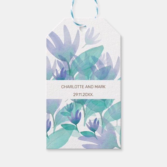 Karibiska havets blå Grönt - vattenfärgsblommor Presentetikett (Framsidan)