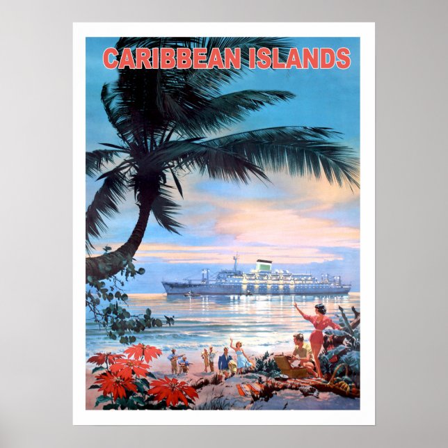 Karibiska öar, kryssningsfartyg, vintage resor poster (Framsidan)