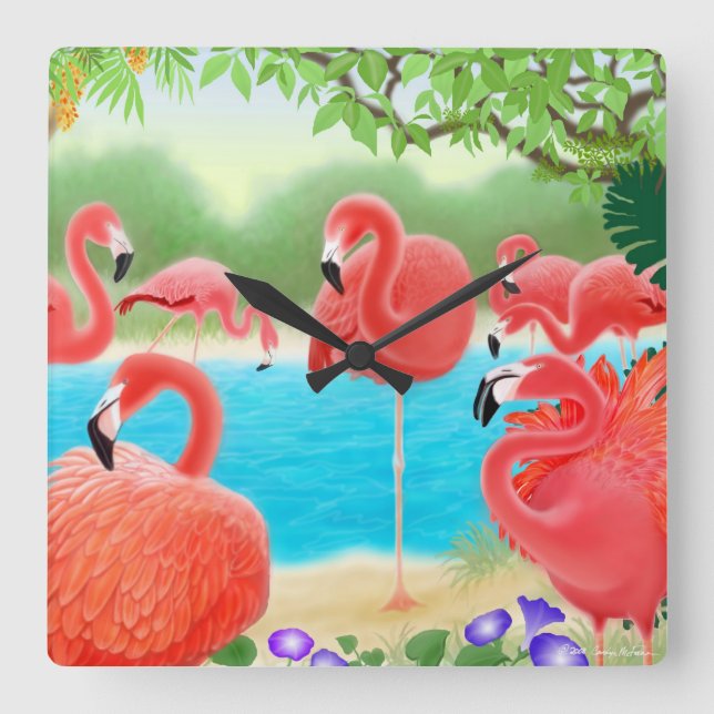 Karibiska Rosa Flamingo Birds Wall Clock Fyrkantig Klocka (Framsida)