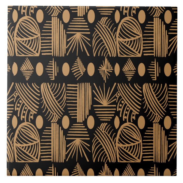 Karibiska stammudcloth: Black, Guld Kakelplatta (Framsidan)