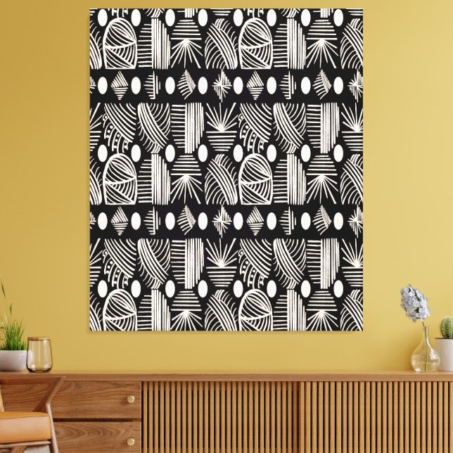 Karibiska stammudcloth: Black, White Canvastryck (Insitu (Vardagsrum))