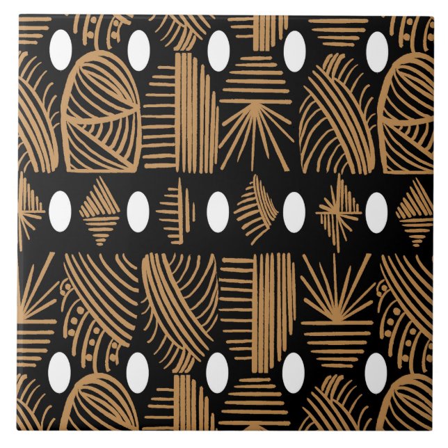 Karibiska stammudcloth: Black, White, Guld Kakelplatta (Framsidan)