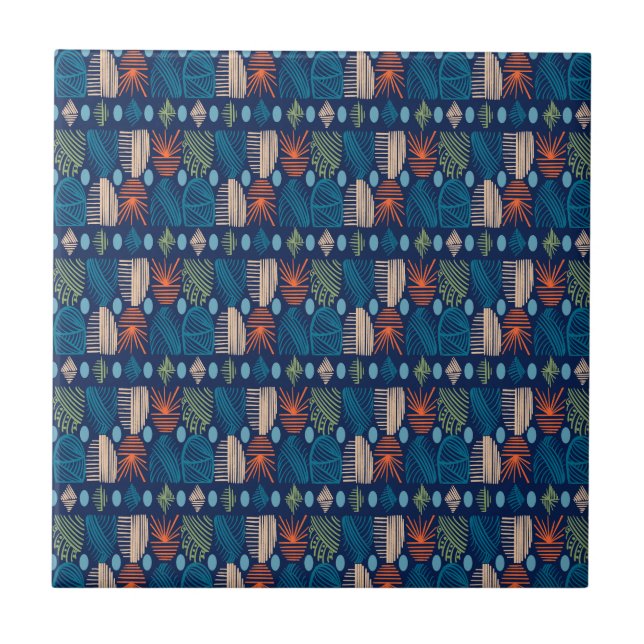 Karibiska stammudcloth: Festive Blue, Orange Kakelplatta (Framsidan)