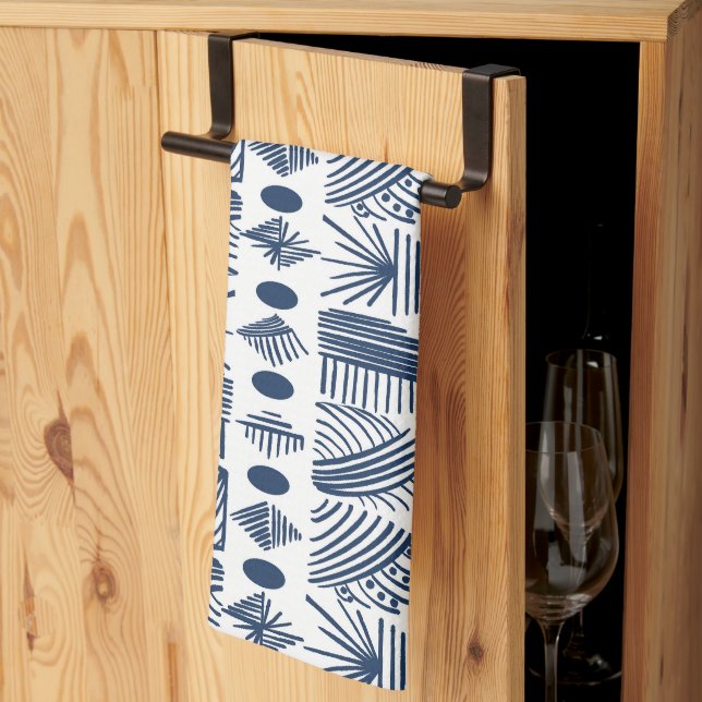 Karibiska stammudcloth: White, Navy Blue Kökshandduk (Thirds Fold)
