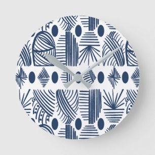 Karibiska stammudcloth: White, Navy Blue Rund Klocka