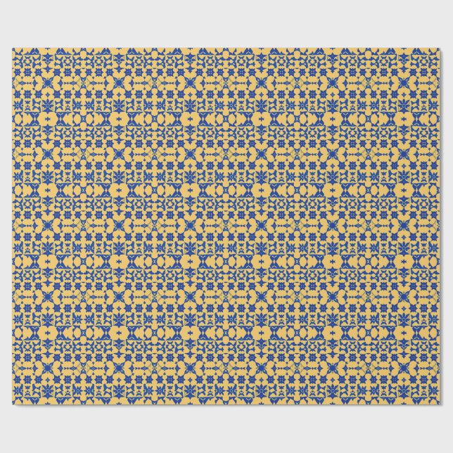 Karibiskt Blått Guld Kakel Motiv Mönster Azulejo  Presentpapper (Platt)
