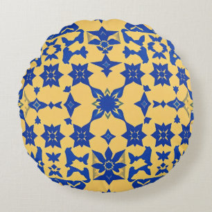 Karibiskt Blått Guld Kakel Motiv Mönster Azulejo Rund Kudde