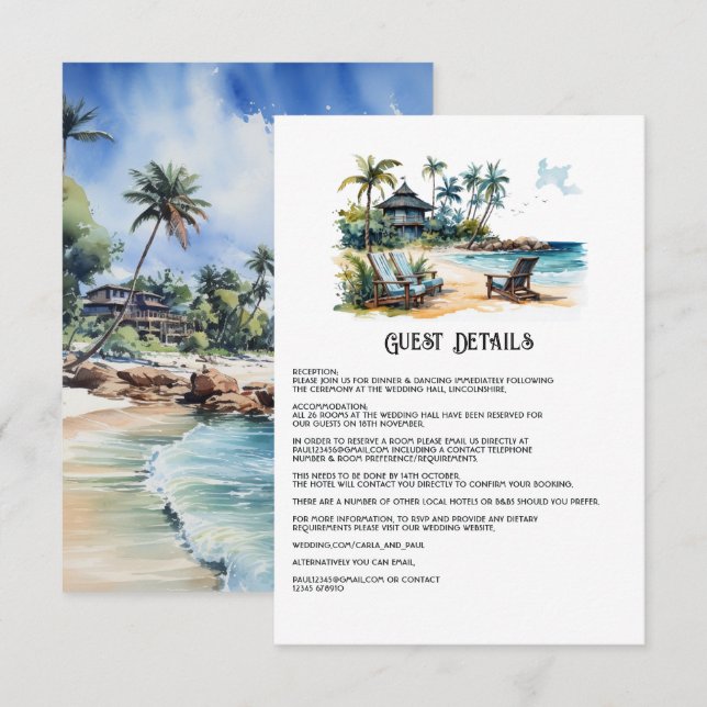 Karibiskt destinationsbröllop gästinformation tilläggskort (Fram/baksida)