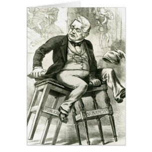 Karikatyr av Adolphe Thiers mellan två Hälsningskort