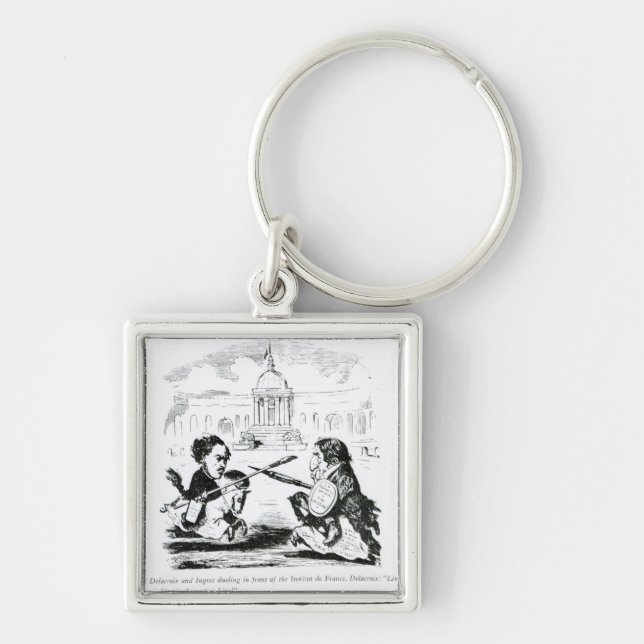Karikatyr av Delacroix och Ingres Fyrkantig Silverfärgad Nyckelring (Framsidan)