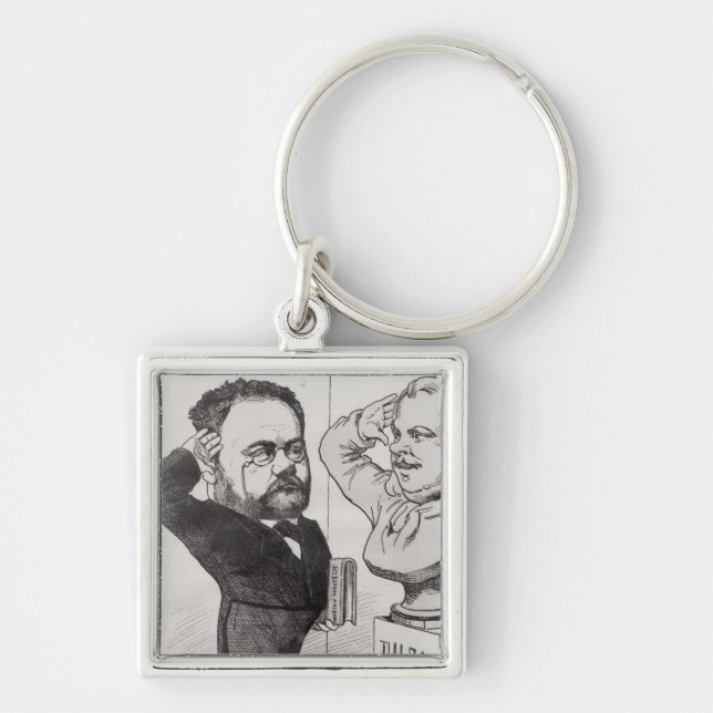 Karikatyr av Emile Zola Fyrkantig Silverfärgad Nyckelring (Framsidan)