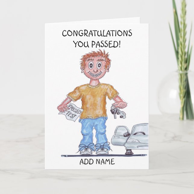 Karikatyr av en glad man som precis klarat förarpr kort (Framsida)