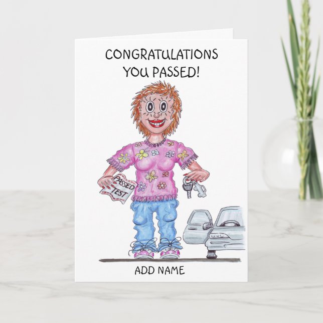 Karikatyr av kvinna som precis klarat körkortsprov kort (Framsida)