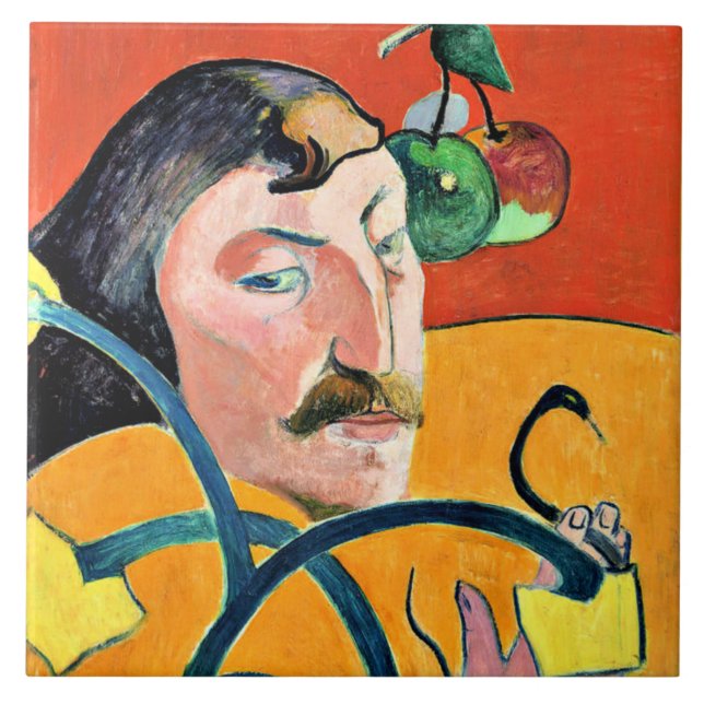Karikatyr, målning av Gauguin. Kakelplatta (Framsidan)