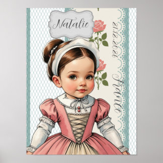Karikatyrflicka klädd i vintage fransk stil poster
