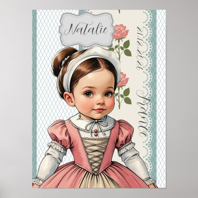 Karikatyrflicka klädd i vintage fransk stil poster (Framsidan)