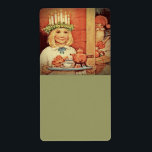 Karin från julklapp och Lucia-dag Fraktsedel<br><div class="desc">Som Santa Lucia för Lucia-dagen i Sverige. En liten flicka har en stor kaka och en hett kakao för Nisse som håller på att leta runt dörren. Vintage-julverk av Carl Larsson</div>