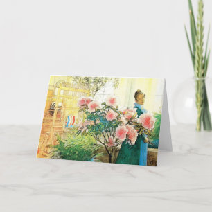 Karin med rosa blommor och hennes vävstol kort