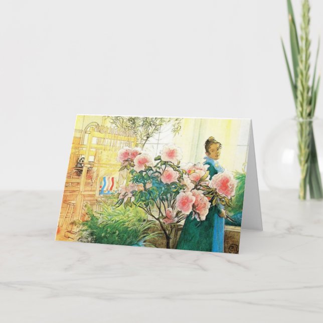 Karin med rosa blommor och hennes vävstol kort (Framsida)