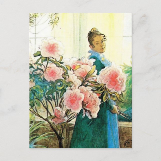 Karin med Rosa Flowers och Hennes Loom Vykort (Framsida)