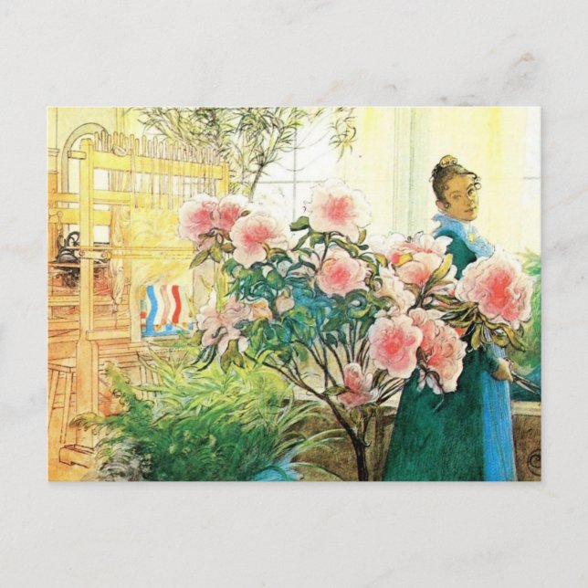Karin med Rosa Flowers och Hennes Loom Vykort (Framsida)